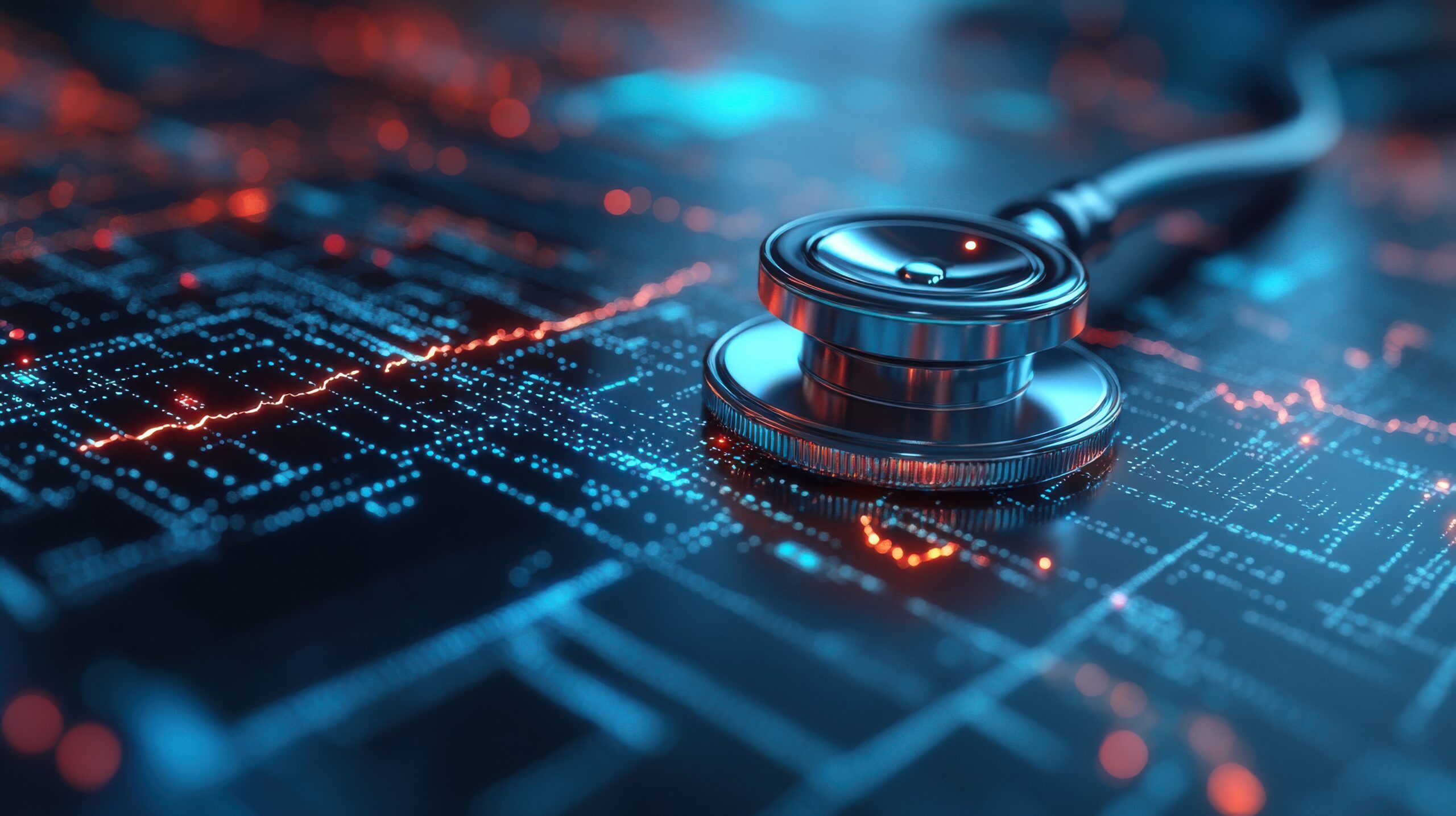 A stethoscope rests on a digital health monitoring interface, symbolizing medical technology