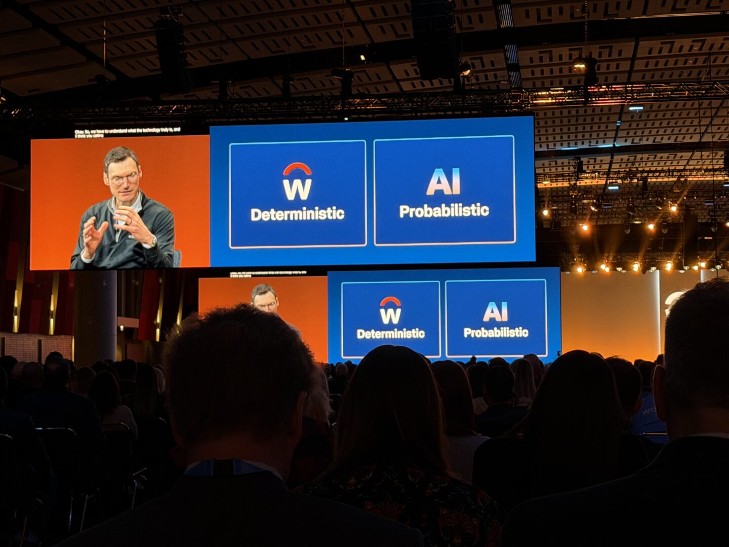 Photo from Workday SKO highlighting the difference between Deterministic and Probabilistic AI