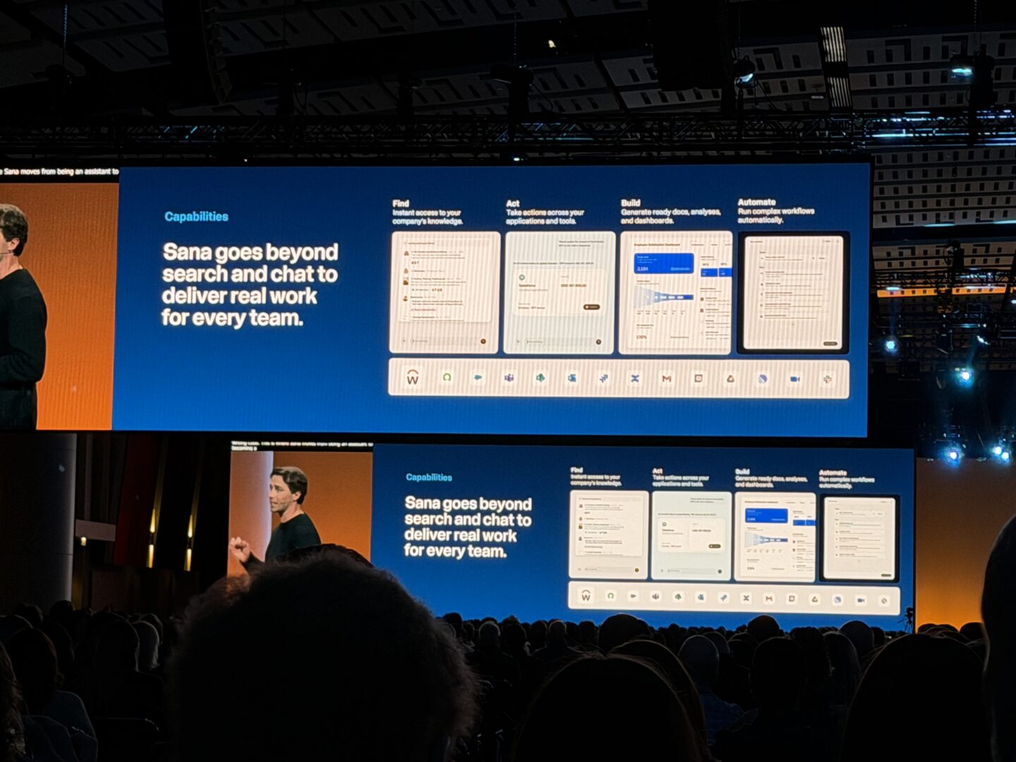 Picture from Workday SKO - Sana slide - Workday’s new AI experience platform, was positioned as much more than a conversational layer.