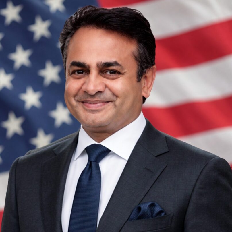 Gautam Ijoor CEO and founder of Alpha Omega in a suit with an American flag in the background